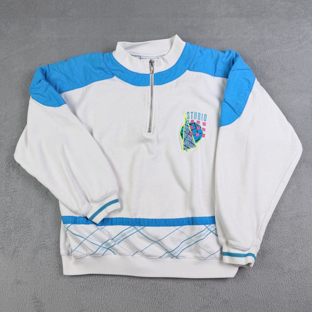 Winning Ways Vintage 80s 90s Quarter Zip Sweatshirt White Blue Neon Medium